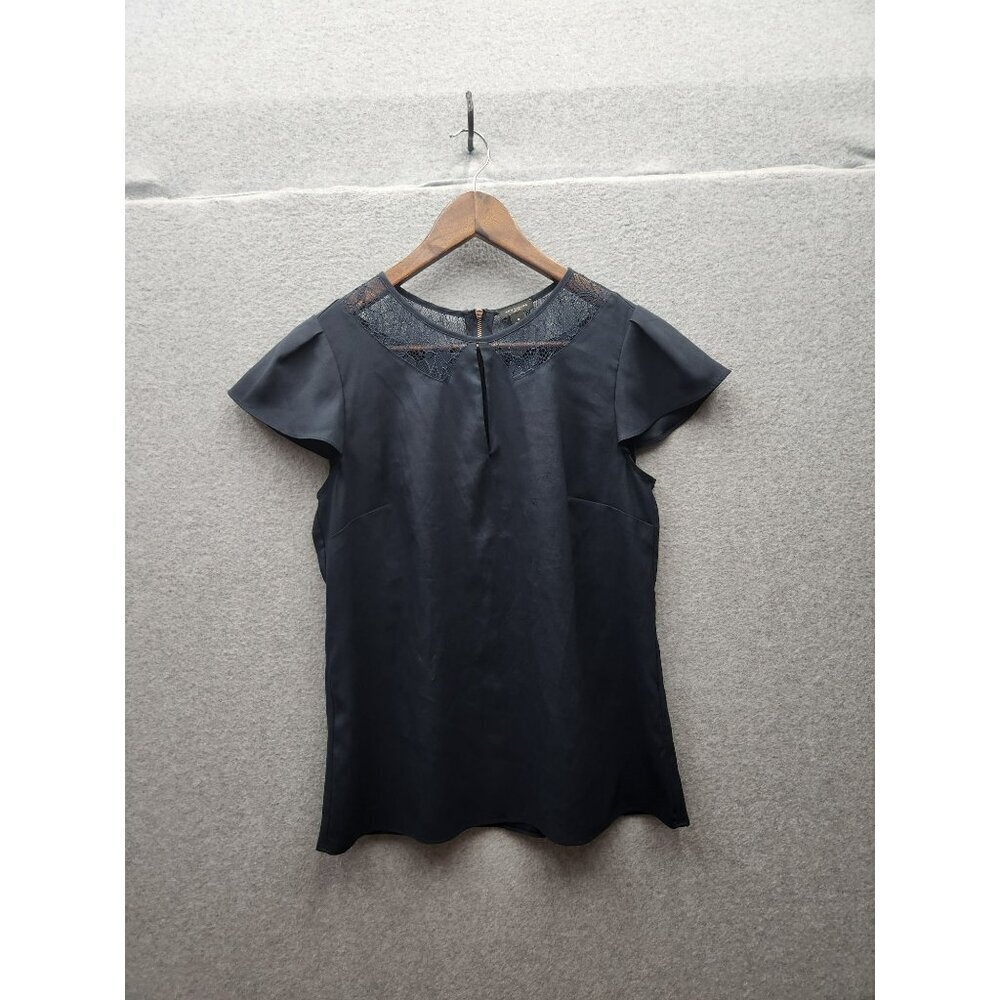Ann Taylor Womens Navy Lace Yoke Flutter Sleeve Top Size 4